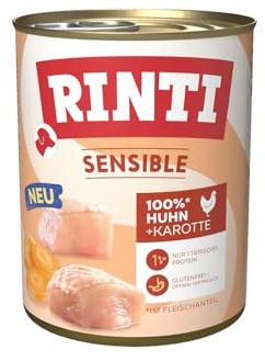 RINTI – Sensible | Våtfoder för känsliga och vuxna hundar med naturliga köttbitar. Spannmålsfri helfoder i burk utan konstgjorda tillsatser | 6 x 800 g kyckling morot