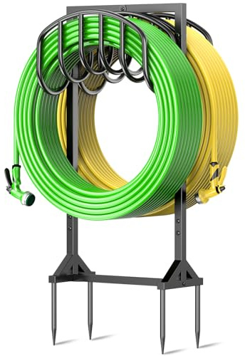 Gartenschlauchhalter für 2 x 45 m Schläuche, strapazierfähiger freistehender Metall-Schlauchhalter mit 4 Spikes, rostfreie Gartenschlauchtrommeln, Schlauchaufhänger, Aufbewahrung für draußen, Hof