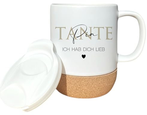Manufaktur Liebevoll I Geschenk Tasse personalisiert Namen I Kaffeetasse Geschenk mit Spruch I Dankeschön Geschenk Keramiktasse mit Korkboden und Deckel I (Tante)