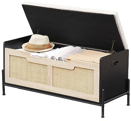OPULENTHOME Sittbänk med förvaringsutrymme, stoppad bänk, sittpall, rottingförvaringslåda med 2 säkerhetsgångjärn, skobänk för vardagsrum sovrum hall 100 x 40 x 48 cm, 120 kg lastbar
