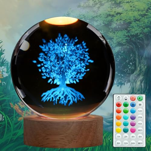 POSSHE Tree of Life Crystal Night Light, Tree of Life Gifts, K9 3.15 Inch(80mm) Crystal Ball Night Light with 16 Colors Remote Upgraded Lamp for Birthday Xmas Plant Sphere for Room Decor Boys Girls