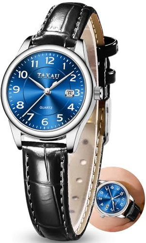 Taxau Damenuhr Lederarmband Analog Quarz–Elegante Armbanduhr Damen mit Datumsanzeige, Kleine 28mm Damen Uhr, 3Bar Wasserdicht,Klassisches Design Geschenke für Frauen