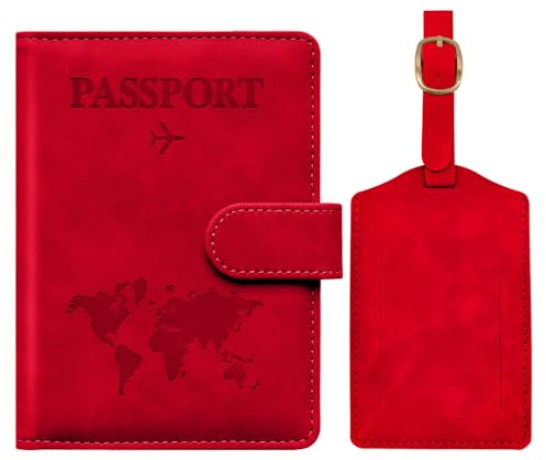Toctax Reisepasshülle und Kofferanhänger Set, Passport Hülle mit RFID-Blocker, Reisepass Organizer, Reisepass Hülle für Damen und Herren, Passport Cover für Travel Essentials (Rot)