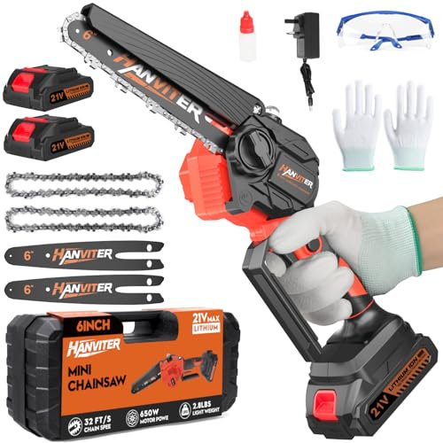 Hanviter 6 Inch Cordless Mini Chainsaw - Electric Chainsaw with Automatic Lubrication System and Security Lock and 2 Batteries & 2 Chains, Chain Saw Suit for Garden Courtyard Tree Branch Wood Cutting