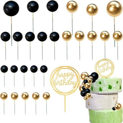 27PCS Black & Gold Cake Toppers Set – Elegant Happy Birthday Cake Decorations, Glittering Cake Toppers for Birthday Parties