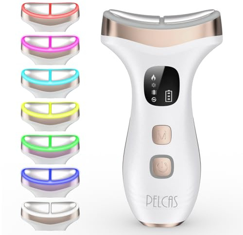 PELCAS Masajeador Facial 7 Colores, 3 Modos Masajeador Facial Eléctrico con Compresas Frías y Calientes 46 ℃, EMS Masajeadores Faciales con Pantalla LED para Reafirmar el Cuello y el Rostro
