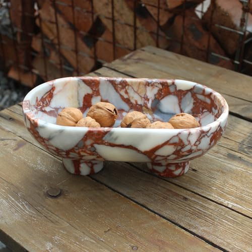 Nawgnail Natural Oval Calacatta Red Marble Fruit Bowl for Kitchen Counter 10, Large Decorative Bowl Two-Legs for Home Decor, Fruits Holder For Dining Table - Kitchen Organization