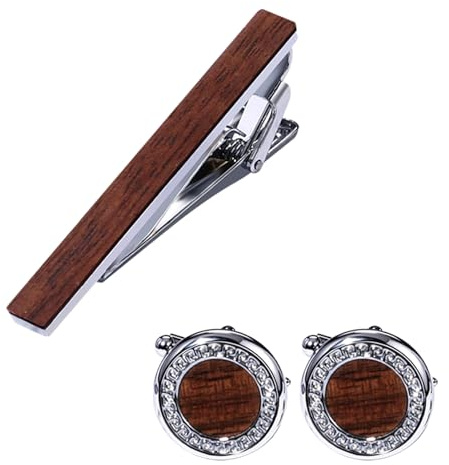 JewelryWe Holz Krawattenklammer und Manschettenknöpfe Set für Herren, Edles Holz-Metall Krawattennadel Cufflinks Set Business Hochzeit Anzug Accessoires Geschenk für Vater Ehemann Freund