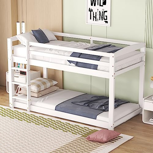 RIAZOS Etagenbett 90x200 für Kinder, Kinderbett mit Leiter, Hochbett Spielbett Stockbett mit 1 Lattenroste, Massivholzrahmen, ohne Matratze, Weiß