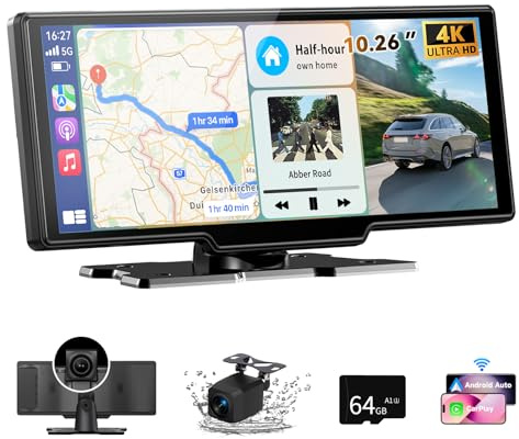 10.26 Carplay Screen for Car, Car Tablet Pro Max 2026 Car Play Screen with 4K Front and 1080P Rear Camera, Wireless CarPlay Android Auto Mirror Link AUX FM Bluetooth 64G SD Loop Recording