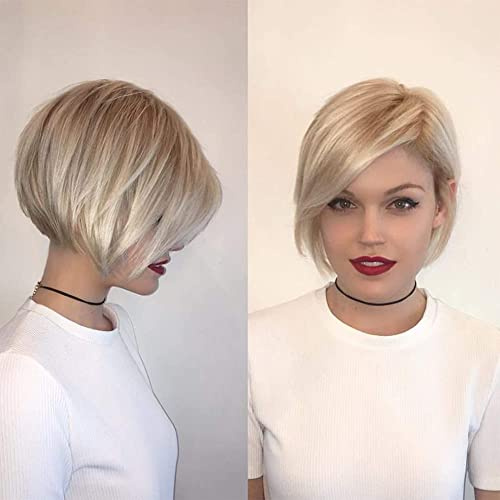 Qnbiar Weiße Frauen Kurze Blonde Perücke Synthetische Seite Gerade Bob Perücke Halloween Party Cosplay Haar mit Kapuze
