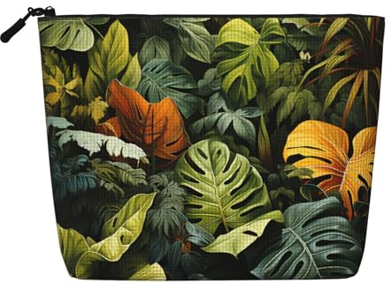 Tropical Rainforest Palm Leaves Fake Hemp Makeup Bag Large Capacity Travel Organizer for Business Trip and Daily Use