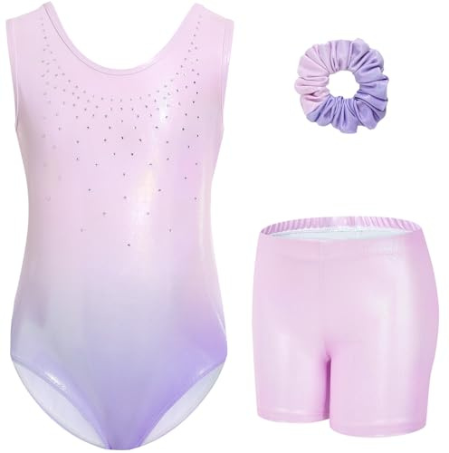 Gogokids Body da ginnastica per ragazze, con strass scintillanti, tute da danza, con pantaloncini, abbigliamento sportivo, Rosa Viola-B, 11-12 anni