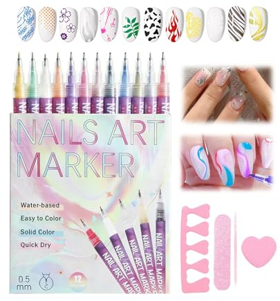 hommova 12 Colors Nail Art Pens, 0.5mm Gel Nails Art Drawing Marker Paint Pen Set for Diy Liner Manicure Tools