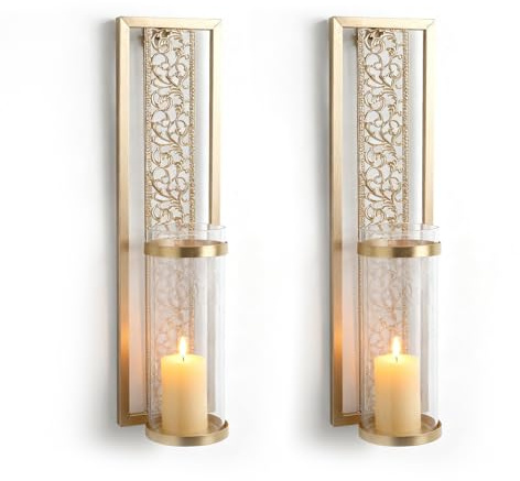 YUEHISY Wall Candle Holder, 2pcs Vintage Hollowed Metal Sconce with Glass Cover, Iron Wall Art Decoration for Home Bedroom Dining Room (Gold)