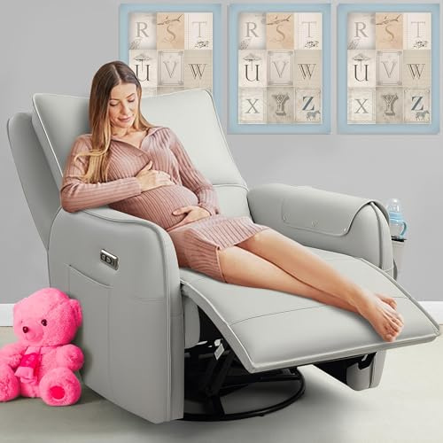 Cfvyne Power Recliner Gliders for Nursery, Electric Swivel Rocker Recliner Chair, Comfy Upholstered Living Room Reclining Rocking Chairs with Lumbar Support (Light Grey, 41 X 40 X 36)