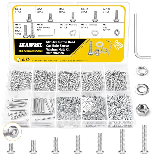 Juego de tornillos M2, cabeza alomada con tuercas y arandelas, juego de tornillos hexagonales de acero inoxidable 304 para ingeniería y reparación