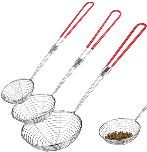 Operitacx Set 3 Mestoli Schiumarola Acciaio Inox Manico in Gomma, Colino a Ragno di Diverse Misure, Utensili per Cucina Casa e Ristorante, Scolapiatti per Cucinare e Frittura