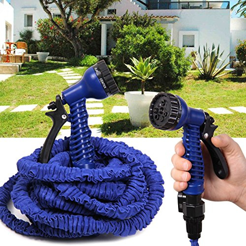Manguera Extensible hasta 45mts con Pistola Multiposiciones de Riego ligera y poco espacio conector de rosa estandar verde o azul al azar