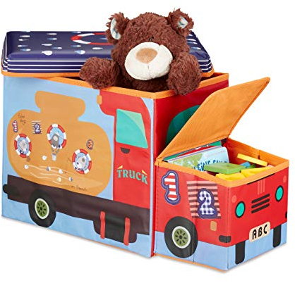 Relaxdays Sitzbox Kinder, Staubox mit Deckel, Spielzeug, faltbar, Motiv Meer, Stauraum, Jungen & Mädchen, 50 L, blau/rot, 33 x 27 x 56 cm