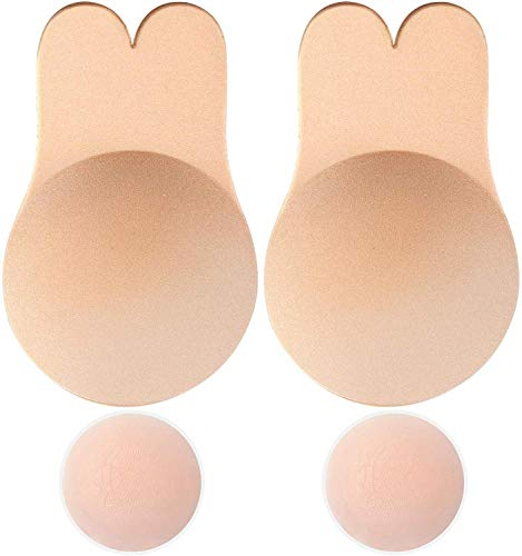 Memoryee Women's Push Up Adhesive Silicone Invisible Rabbit Bra Reusable Lifting Bra Cups Nipple Cover/Beige-1Pair/XL(E/F Cup)