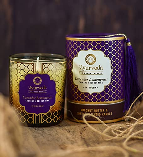 Bougie parfumée ayurvédique luxueuse dans un pot en verre dans un emballage tube avec pompon (lavande citronnelle) 200 g