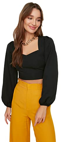 TRENDYOL Damen Trendyol Crop Bluse Blouse Western, Schwarz, 36
