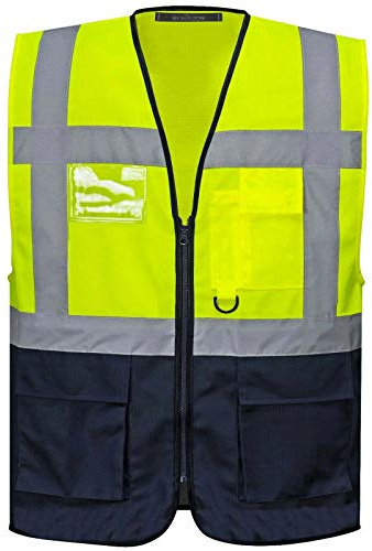 MyShoeStore Executive Hi Vis Waistcoat with 2 Band Reflective Stripes, Mobile Phone Pocket and ID Holder, EN ISO 20471 Class 38 Safety Vest, Yellow/Navy, XL