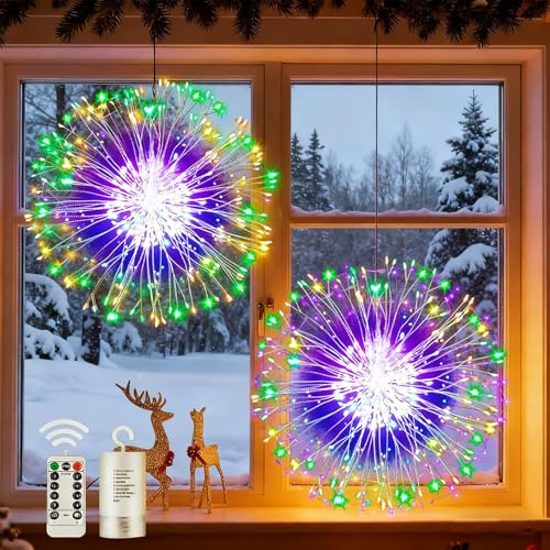 Joycome 2 Luces de fuegos artificiales 198 luces de hadas LED 8 modos de funcionamiento de la batería a prueba de agua con mando a distancia para la decoración de Navidad Multicolor