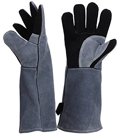 Schweißerhandschuh aus Rindsleder Hitzebeständig Dauerhaft Widerstandsfähiges Leder Handschuhe Schmieden Langarm für BBQ-Küchenofen,Camping, Grillofen Kochen (Color : Black)
