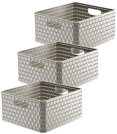 Rotho Country Aufbewahrungsbox 3er-Set 14 L stapelbar Rattan-Optik Beige | Aufbewahrungsboxen für flexible Aufbewahrung, Rattan-Optik, mit Griffen, modular kombinierbar, pflegeleicht, ohne Deckel
