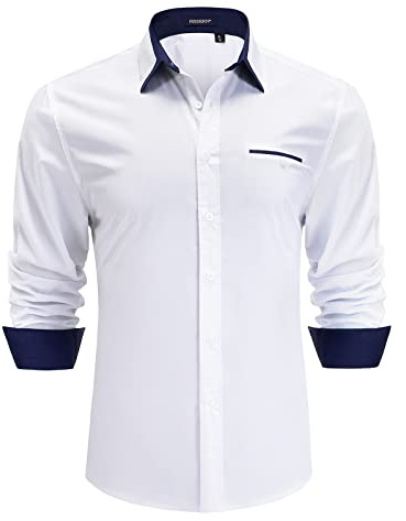 HISDERN Chemises Habillées pour Hommes Blanc Classique Chemise à Manches Longues Décontractée Coton et col Boutonné Coupe régulière XL