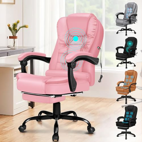 ELFORDSON Pink Office Chair for Home Office, Massage Office Chairs with Footrest, High Back Comfy Gaming Chair, PU leather Swivel 150° Recliner for Heavy-duty Adults
