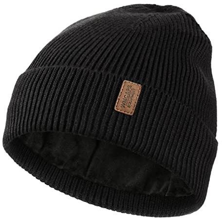 Wmcaps Bonnet d'hiver pour Homme et Femme - Doublure en Polaire - Doux et Chaud - Bonnet de Ski à Revers, Noir, Taille Unique