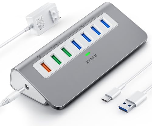 Powered USB 3.2 Hub Gen 2, JELIYEA 7-Port USB C/USB 3.0 to USB A Hub Adapter(4 10Gbps USB 3.2,1X 18W,2X 12W Fast Charging for Phone) 3.3ft Cable USB Splitter with 30W Power Adapter for Laptop/MacBook