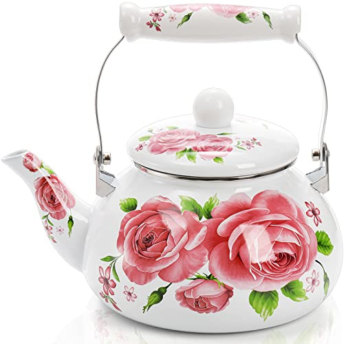 Hiceeden 2.5L Enamel Teapot for Stovetop, Pink Vintage Tea Kettle with Flower Pattern, Delicate Cute Steel Water Kettle with Porcelain Handle