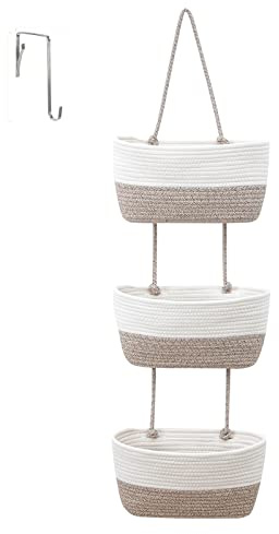 maxant 3-Tier Over the Door Hanging Basket, Wall Mount Storage Organiser Bag, Cotton Rope Woven Solution with Hook, Decorative Baskets for Bedroom, Living Room, Bathroom, Nursery (D) (UD0335)
