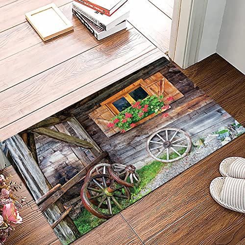 Badematte 50x80cm, Rutschfeste Badteppich, Fensterläden, verwitterte alte Fenster mit Blumen in Pot Wheels Bauernhaus Län,Mikrofaser Badvorleger mit, Wasserabsorbierende Weiche teppiche für Badezimmer