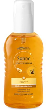 Sonne Schutz&Bräune Bronze Pump-Spray LSF 50 - Sonnenspray mit Bräunungsaktivator - zur Unterstützung der natürlichen Bräune - transparent - ohne Selbstbräuner - von medipharma cosmetics - 200 ml