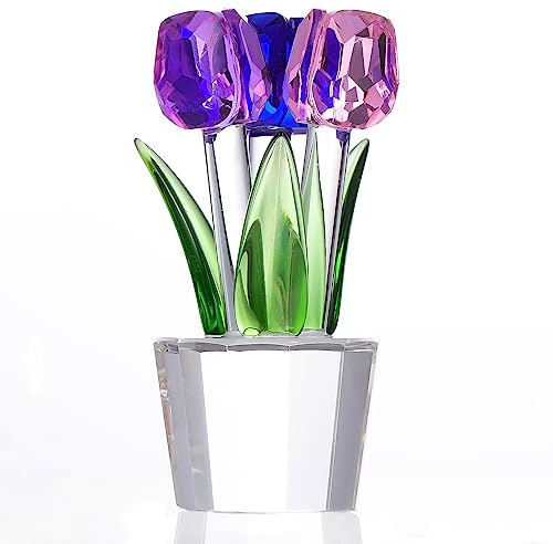 Qianwei Kristall-Tulpen Blumen Figur bunt mit Vase – Glasblumenstrauß Sammelfiguren Kristall Büro Heimdekoration Briefbeschwerer – Tulpe Geschenke für Frauen Mutter beste Freundin Hochzeitstag