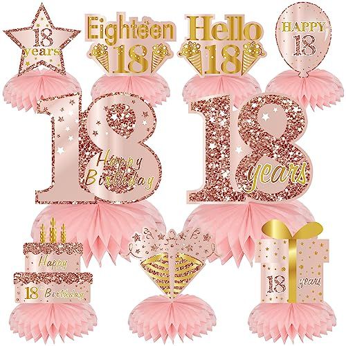 Rosa Rose Gold 18. Geburtstag Wabenaufsätze Dekorationen für Mädchen, 9 Stück Rose Gold Happy 18th Birthday Tischaufsätze Partyzubehör, achtzehn Jahre alter Geburtstag Tischaufsätze Schild Dekor