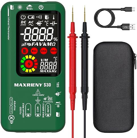 MAXRIENY Multimetro Digitale Termometro a Infrarossi Ricaricabile Voltmetro Intelligente 9999 Conteggi Tester di Corrente Elettrica Capacità Diodo Tester di Tensione per LED Automotive Elettronico