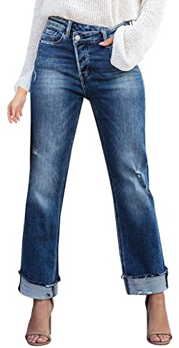 Rifuli Boyfriend Jeans Vita Bassa Jeans Teen Ragazze Donne Asimmetrici Gamba Dritta Jeans Jeans Dritti, Blu, XL