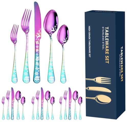 XIAOYU 20PCS ensemble d'argenterie de Noël, ensemble de vaisselle noir service 4pcs, vaisselle en acier inoxydable, flocon de neige unique père Noël Moose Pattern Design, sécurité lave - vaisselle