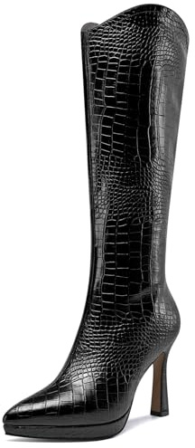 Saekcted Femmes Aiguille Haut High Talon Heel Pointu Bout Mi Mollet Bottes Plate-forme Slip-on Fermeture à Glissière Dress Chaussures 10 CM Heels Noir 38 EU