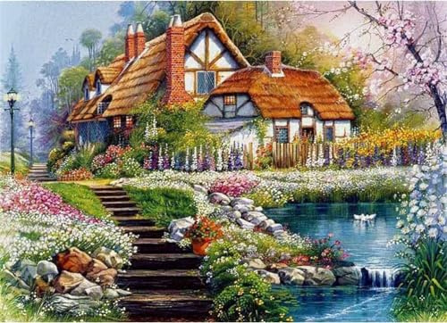 Meecaa Kreuzstich-Sets 11 Count gestempelt, Landschaft See Entenhaus Villa Stickerei-Kit mit Zubehör vorgedruckt (36 x 46 cm) (Landschaft 2)
