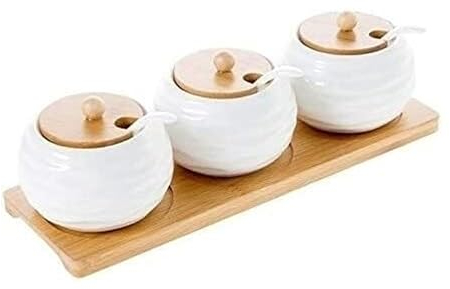 Azucarero Salero Botes Especias Juego De Botellas De Especias De Cerámica Con Tapa De Cuchara Y Bandeja, Caja Para Condimentos, Recipiente Para Sal Y Pimienta, Cajas De Condimentos Para Cocina Frascos