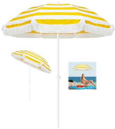ELZEM 180cm Balkonschirm Gelb Mit Quasten Gartenschirm Uv Schutz Sonnenschirm Neigbar Marktschirm Wasserdicht Für Balkon Garten Terrasse Strand/8 Rippen/höhenverstellbar