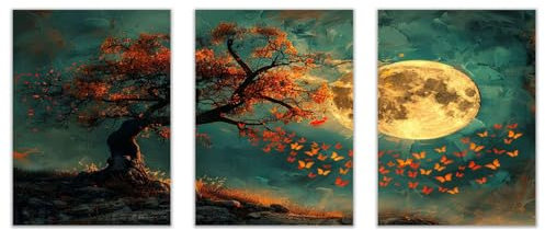 JOSUE Set 3 Quadro Albero Della Vita Astratto della luna dell'albero Quadri Su Tela,Arancione, oro Quadri Decorazioni Soggiorno Camera Da Letto-40x60cmx3 Non incorniciato