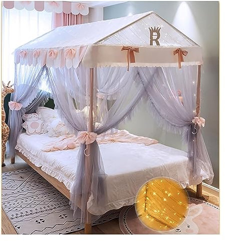 U Prinzessinnen-Bettnetz gegen Mücken, Queen-Size-Bett-Moskitonetz-Baldachin, Himmelbettrahmen mit Lichtern, 4 Ecken für märchenhafte, verträumte Schlafzimmerdekoration (Farbe: Grau, Größe:
